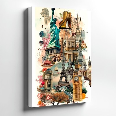 Wall Art Travel Landmark Collage Eiffel Tower Statue of Liberty Big Ben Print