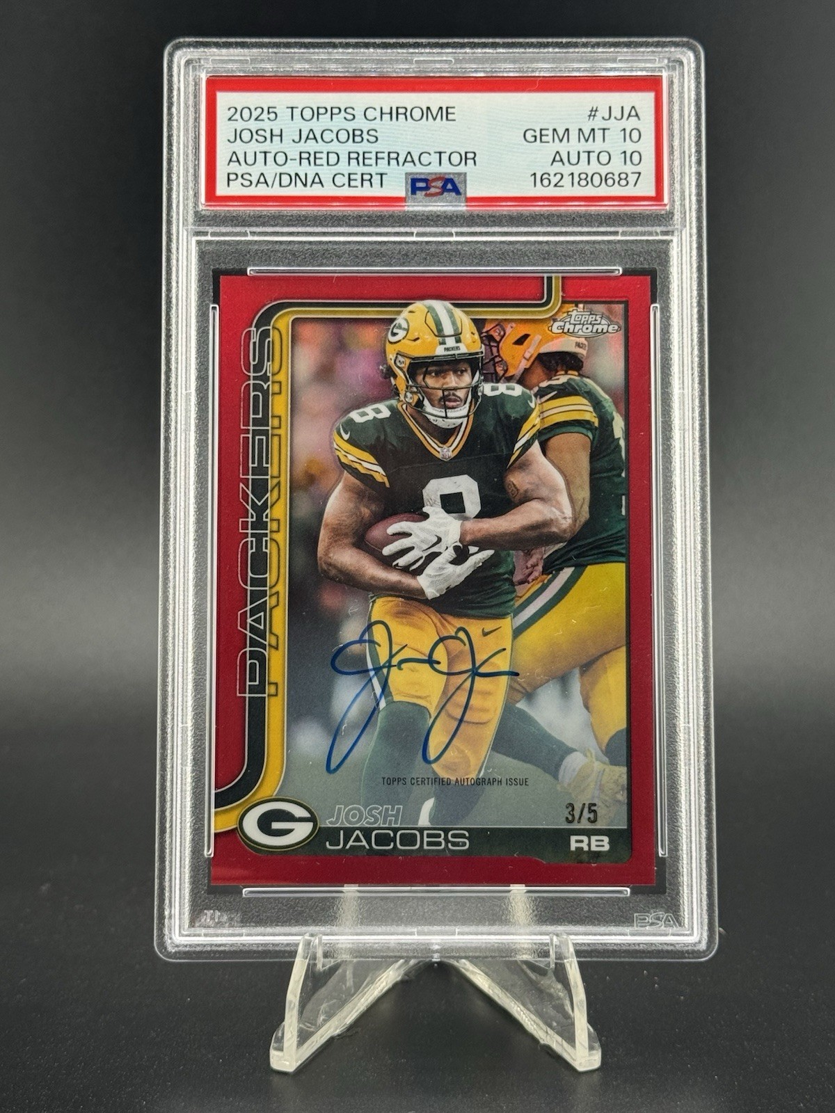 2025 Topps Chrome Josh Jacobs Auto Red Refractor /5 PSA 10 AUTO 10