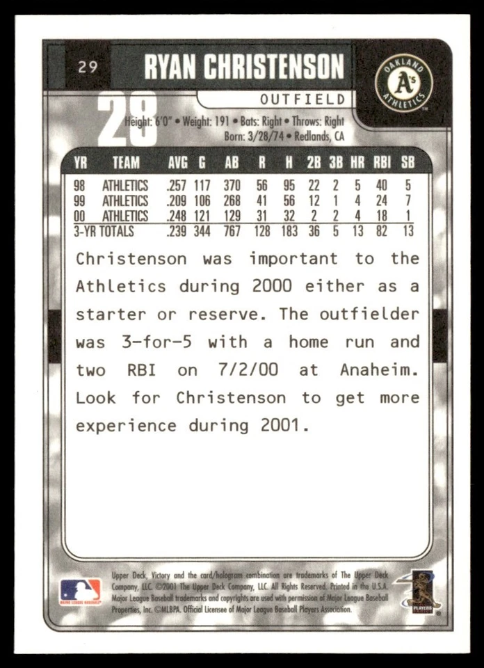 2001 Upper Deck Victory Ryan Christenson Oakland Athletics #29 - Image 2 of 2