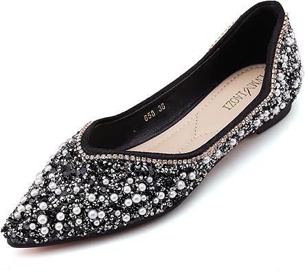 QXCXINGDY ЖЕНСКИЕ ТУФЛИ НА ПЛОСКОЙ ПОДОШВЕ СО СТРАЗАМИ, МОДНЫЕ, С ЗАОСТРЕННЫМ БРИЛЛИАНТОМ, РАЗМЕР 11,5 - ЧЕРНЫЙ