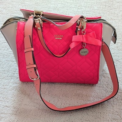 GUESS Pink Quilted Medium Satchel Zip Top Lined Detachable Strap Bow Charm