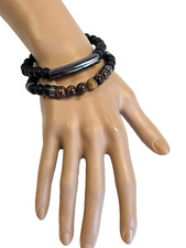 NEW GUESS 2 PC GRAY TONE BAR, BEADED TIGER EYE,BLACK ONYX MEN'S BRACELET -8.5"