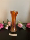 Vintage Marigold Carnival Swung Vase Fenton Fine Rib  Iridescent Ruffle 7”