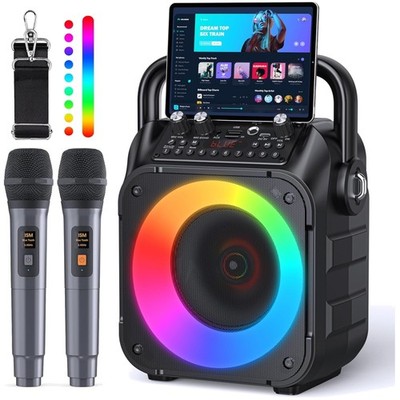 Karaoke System Bluetooth, 2 Mikrofone, Licht, TWS, USB, FM, AUX, für Party