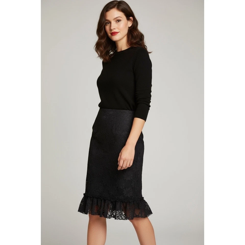 Betsey Johnson Sz Small Vintage Black Lace Crinoline Stretch Ruffle Pencil Skirt - Image 2 of 4