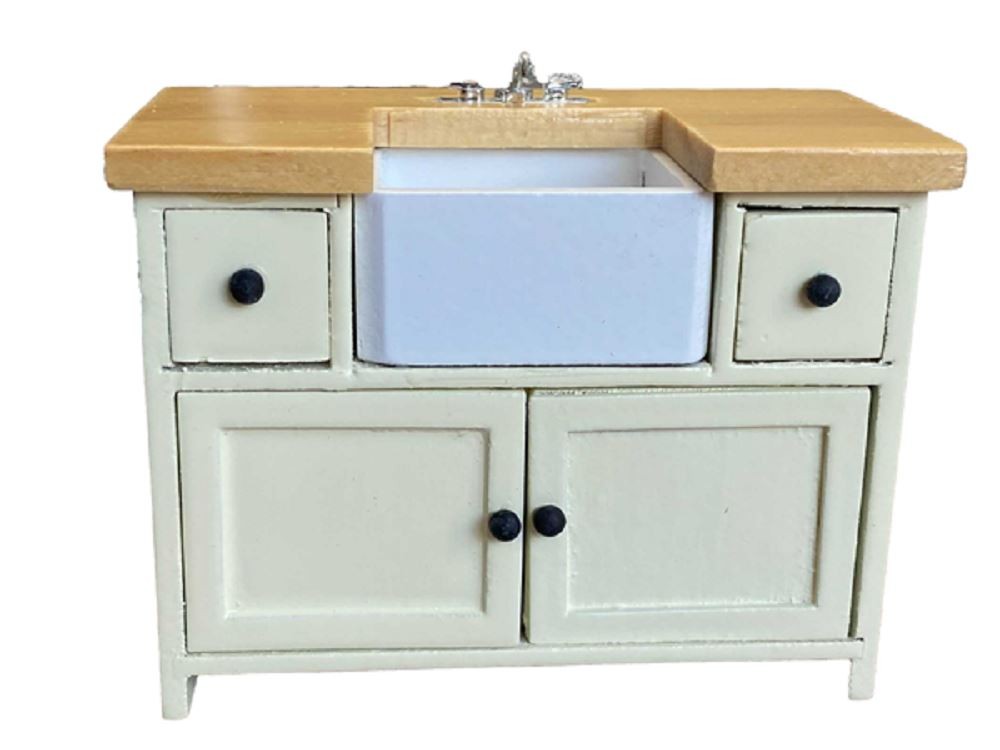 Dolls House Cream & Oak Sink Unit with Belfast Sink Modern Kitchen Furniture