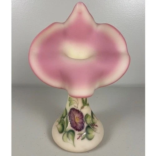 Fenton Burmese Uranium Glass Jack-in-the-Pulpit Vase Hummingbird 1998 Signed