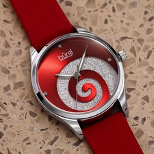 Women's Burgi BUR201RD Swarovski Swirl Diamond Marker Satin Leather Strap Watch
