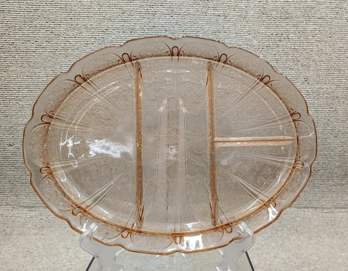 Vintage Jeanette Pink Depression Glass Cherry Blossom Divided Platter Tray 13"
