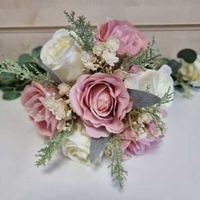 Wedding bouquet flowers dusky pink & ivory silk roses buttonholes corsage