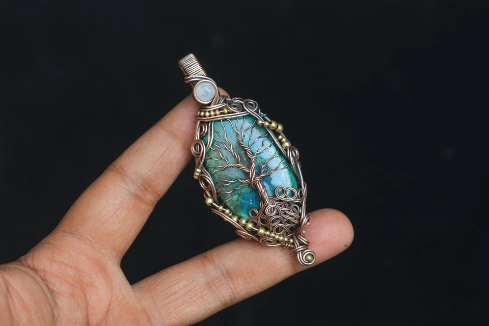 Colgante de crisocola de árbol envoltura de alambre de cobre piedras preciosas joyería regalo para madre NK624 Foto 3 de 4