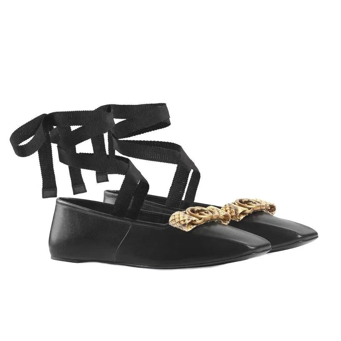 Chaussures plates de ballet pour femmes GUCCI imbriquées G cuir noir taille 38,5/US8,5 NEUVES