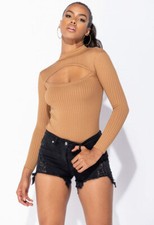 Womens Parisian Camel Rib Knit Cut Out Detail Turtle Neck Bodysuit