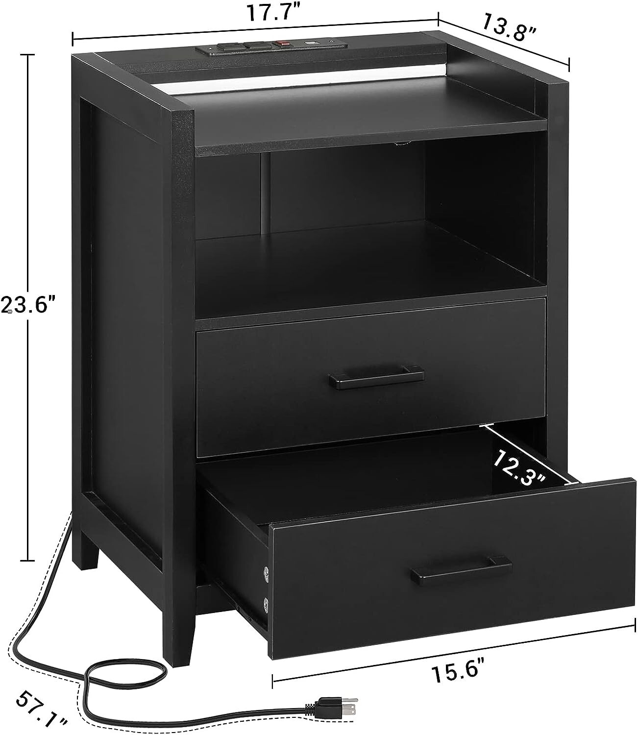 Nightstand Black Night Stand with Charging Station and 2 Drawers