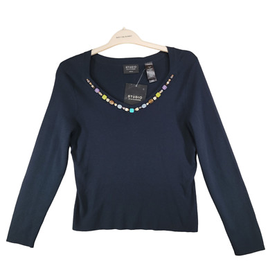 Studio by Liz Claiborne Womens Navy Beaded Neck Long Sleeve Sweater Size PM NWT