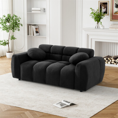 Modern Comfy Teddy Sherpa 64.5'' 2 Seater Tufted Upholstered Teddy with 2 Pillows