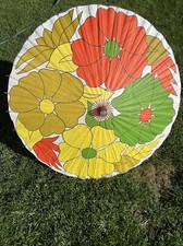Vintage Large Rice Paper Bamboo Umbrella Green Yellow White Red