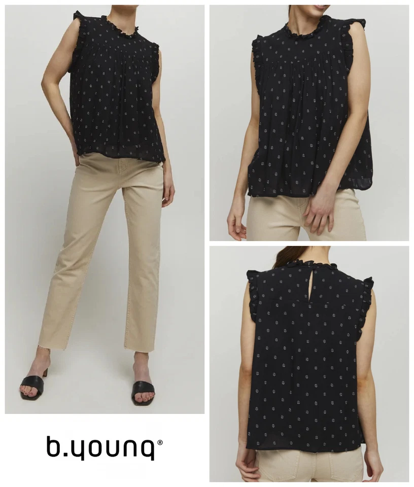 B.Young Felice Top Blouse Size UK 8 Ruffle Collar 100% Viscose Polka Dot Black