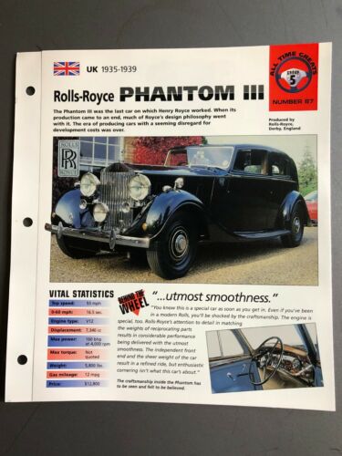 1935 - 1939 Rolls-Royce Phantom III IMP "Hot Cars" Spec Sheet Folder Brochure - Afbeelding 1 van 7