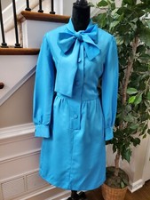 VTG Misscontinental Blue Polyester Long Sleeve Buttons Front Knee Length Dress M