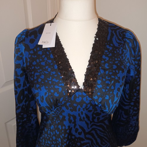 M&Co Size 10 Petite Midi Dress Blue Satin Animal Print Cruise Going Out *New* - Picture 3 of 15