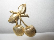 Sarah Coventry Brushed Gold Tone Cherries Pin 2 1/4" Height VGC f/s js2