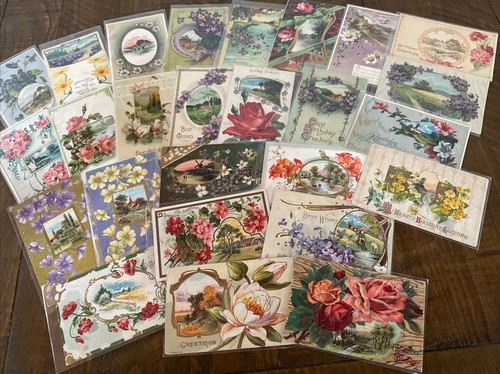 ~Lot of 25~ 1900's Greetings Postcards~Flowers & Scenes~ Floral -in sleeves~p932
