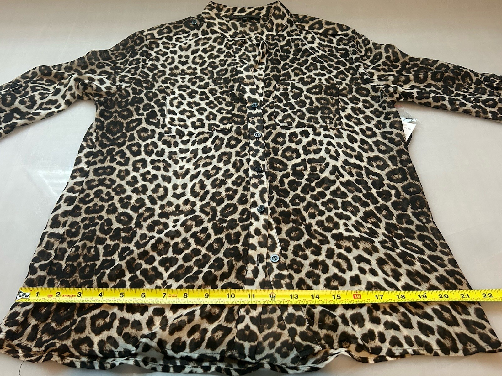Women’s Long Sleeve Button Up Sheer Blouse Leopard Print w/Cuffed Sleeves Size M