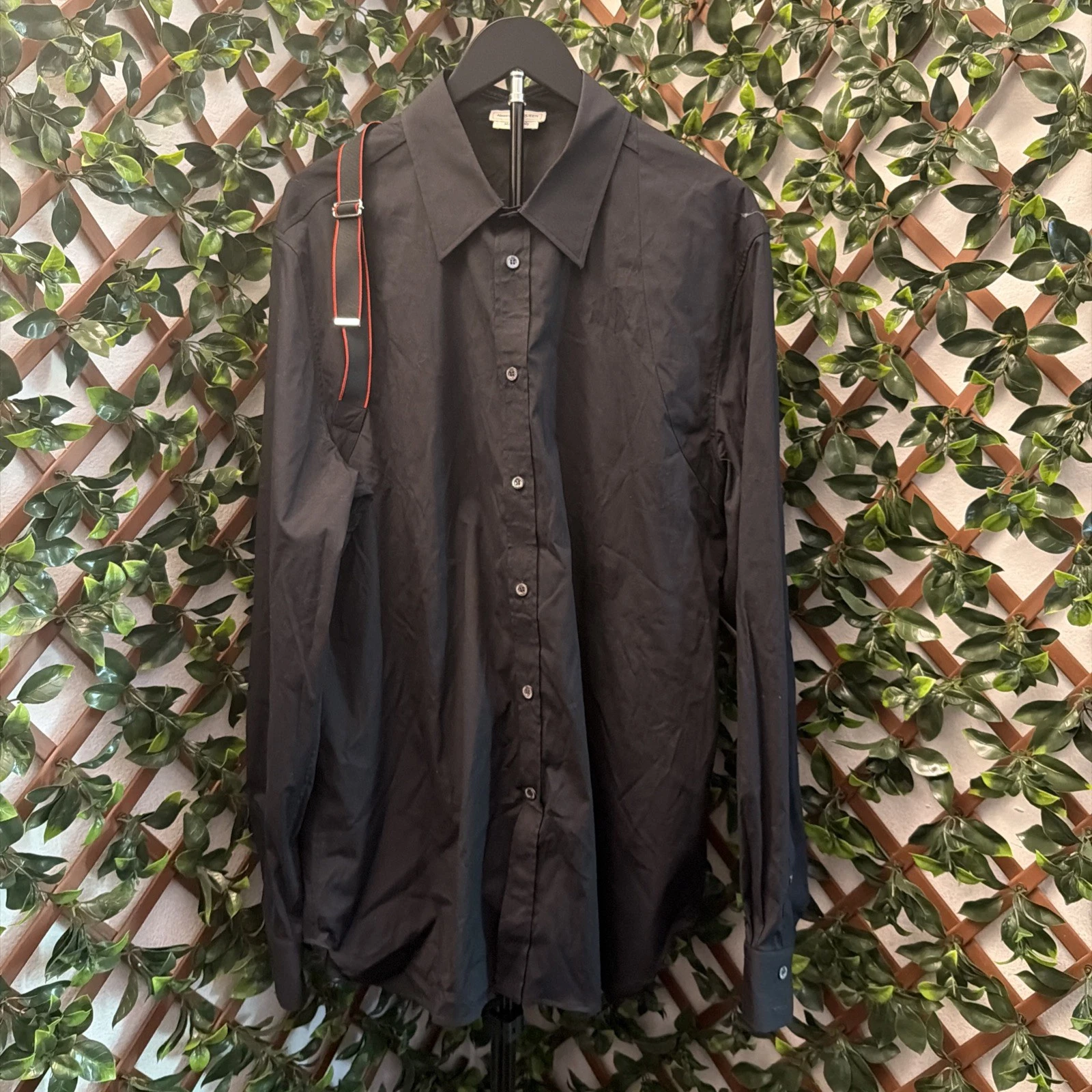 Alexander McQueen — Alexander McQueen Men's Harness Black Poplin Button-Up Shirt Size 17+