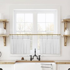 Small Window Curtains 24 x 18 Inch Length,Sheer Semi Pleated Grey and White C...
