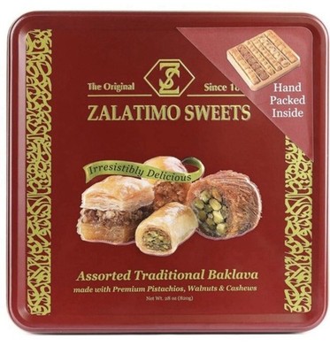 Zalatimo Sweets Assorted Traditional Baklava Tin, Pistachio Walnut Cashew 28 oz