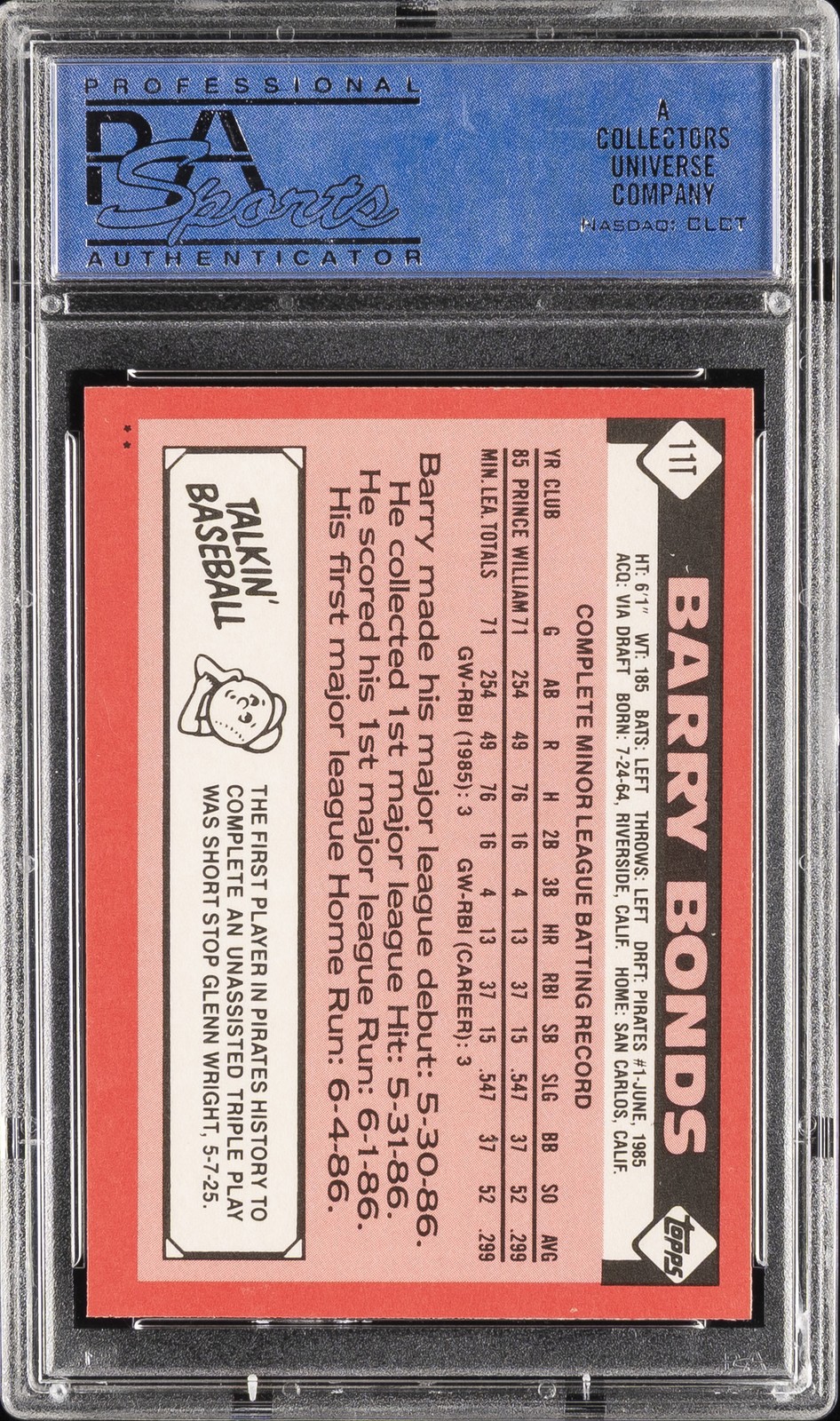 1986 TOPPS TRADED #11T BARRY BONDS ROOKIE RC PSA 10 view 2