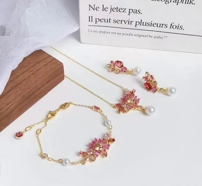 Swarovski Cherry Blossom Jewelry Set Necklace Bracelet Earrings Pink Crystal