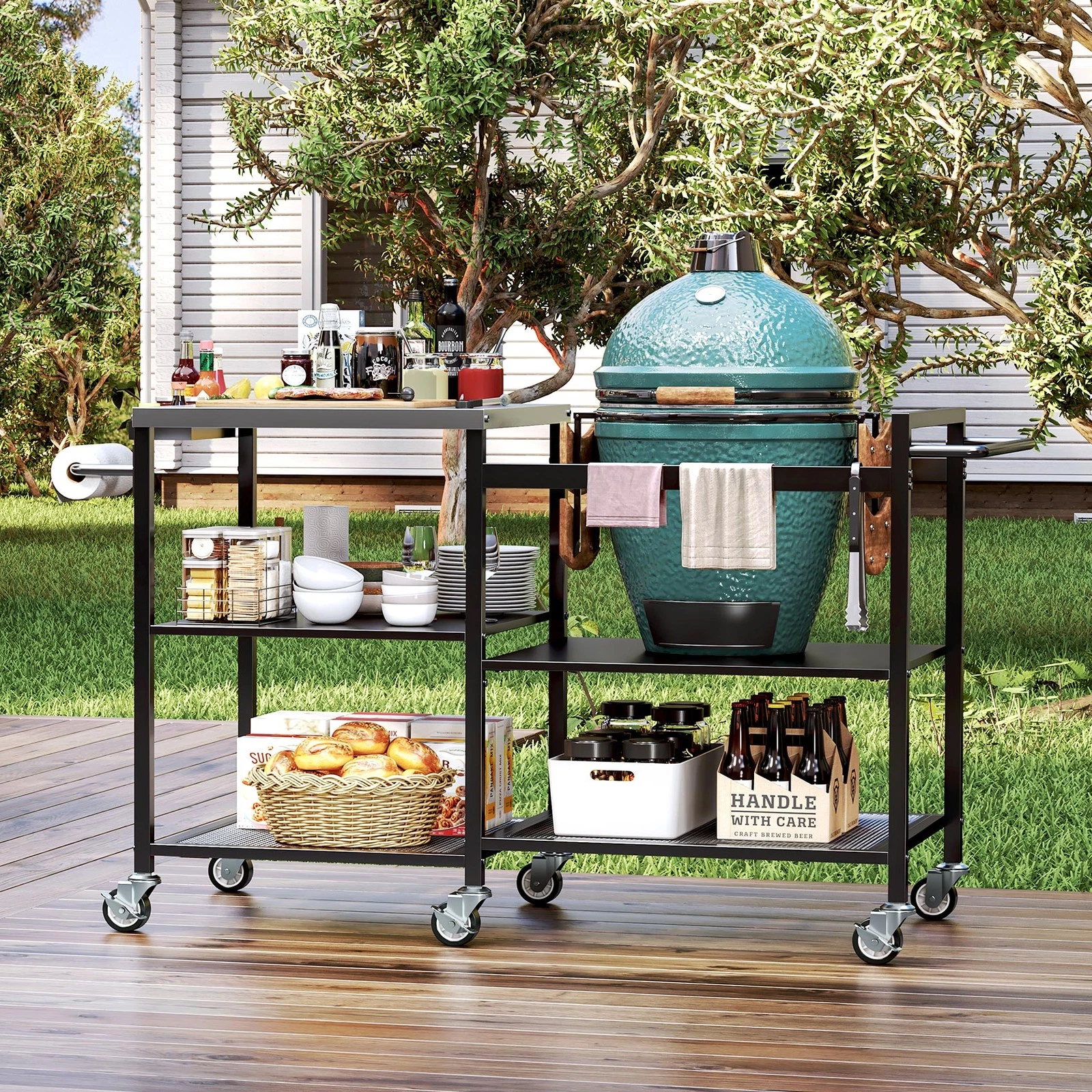 TC-HOMENY Movable Outdoor Grill Table For Big Green Egg BBQ Steel Grill Cart
Opens in a new window o