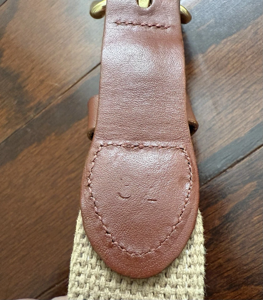 Leather Man LTD Canvas Saltwater Fish Belt Tan/Blue Mens 32 EXC USA Brass - Image 4 of 4