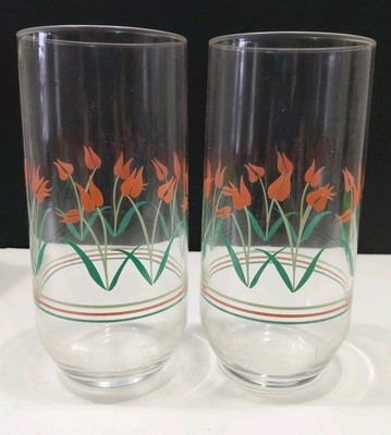 Lot 2 Luminarc Mid Century Orange Dutch Tulip Flower 16oz Tumbler Glasses 