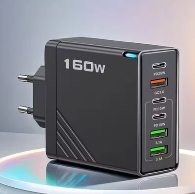 MARKENLOS 160W USB Schwarz Ladegerät Mehrfach Schnellladegerät | 6 Ports (USB-C & USB-A)