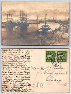 Malmo Sweden Masted Sailing Ships In Harbor RPPC Postcard AJ176