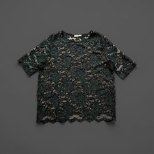 GANNI Flynn Semi Sheer Lace Top S/M Dark Green Black Elegant Blouse