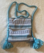 American Girl Crossbody Tassels Purse Blue Aqua Black Tan Messenger style 8"x9"