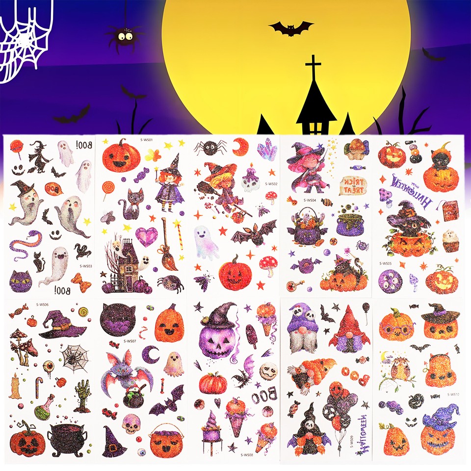 Halloween Glitter Temporary Tattoos Stickers for Kids Halloween Party