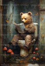 BEAR BATHROOM ART PRINT, Grizzly Bear Toilet, Cottagecore Poster, Animal D759