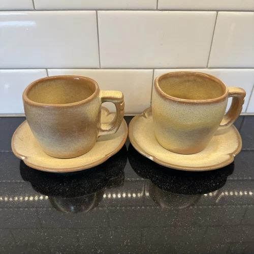 Vintage Frankoma Pottery Plainsman Brown Desert Gold Mug Cups & Saucers Set 4 Pc