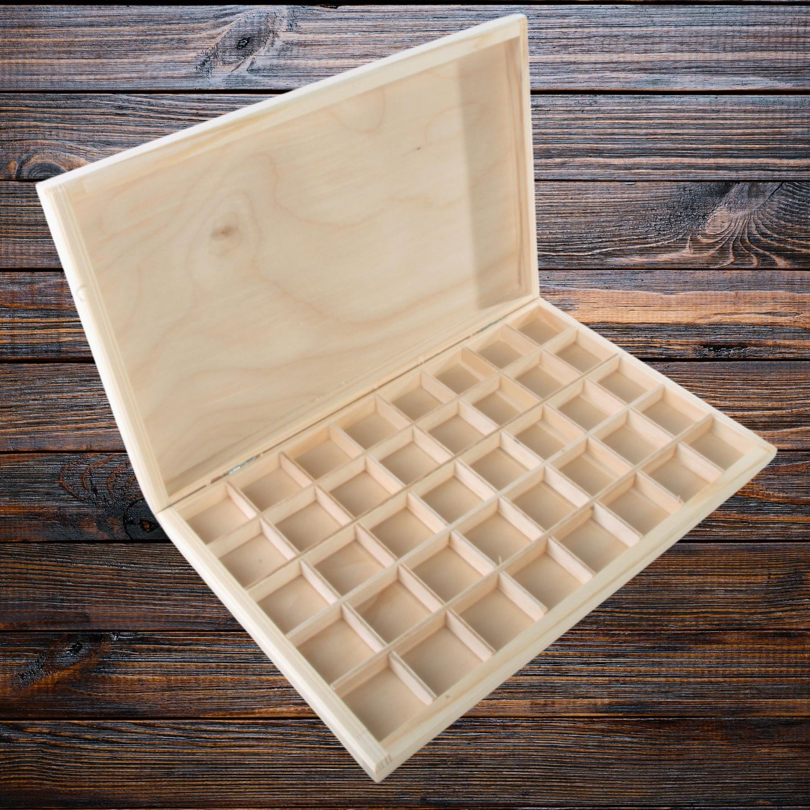 Shallow Wooden Box 40 Compartments Slim Gift Case | Plain Decorative Wood