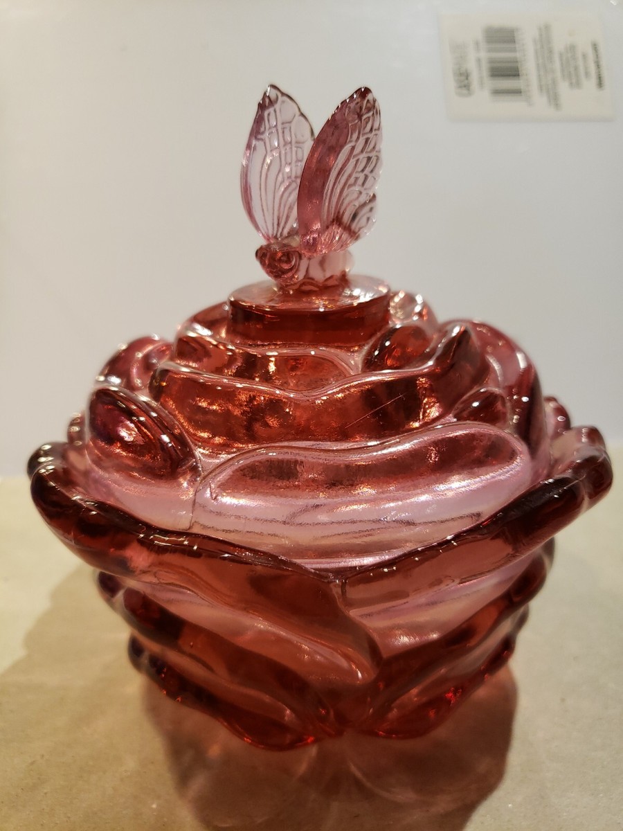 刻印ありフェントン ピンク キャベツ ローズ キャンディディッシュ Butterfly Candy Jar Powder Box Butterfly Rose Pink Fenton