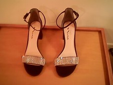 Touch of Nina black heels 6M crystal accent ankle strap leather sole 2" heel