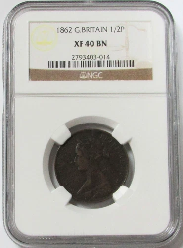 1862 GREAT BRITAIN 1/2 PENNY QUEEN VICTORIA COIN NGC EXTREMELY FINE 40 BROWN