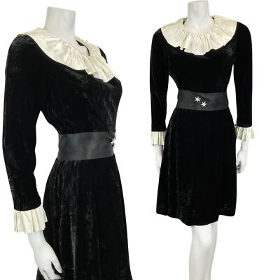 Vintage 60er 70er SCHWARZ SAMT CREME EDWARDIANISCH MOD PARTY STERN ABENDKLEID 8