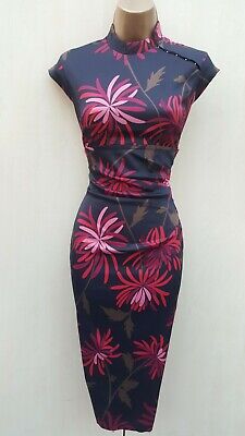 Size 12 UK KAREN MILLEN Black Satin Chinese Oriental Floral Hourglass Dress  | eBay