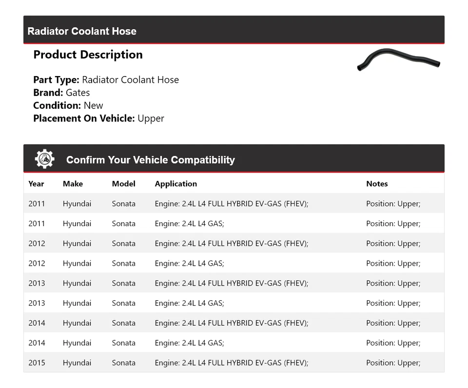 Manguera de refrigerante de radiador para Hyundai Sonata 2011-2015 puertas superiores 2012 2013 2014 Foto 2 de 4